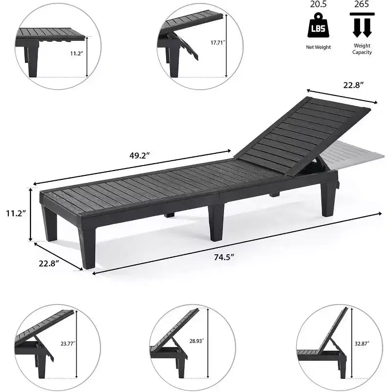 Summit Adventure Set of 2 Black Patio Lounge Chairs - 5-Position Adjustable, Waterproof & Lightweight for Pool/Lawn