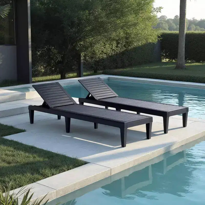 Summit Adventure Set of 2 Black Patio Lounge Chairs - 5-Position Adjustable, Waterproof & Lightweight for Pool/Lawn