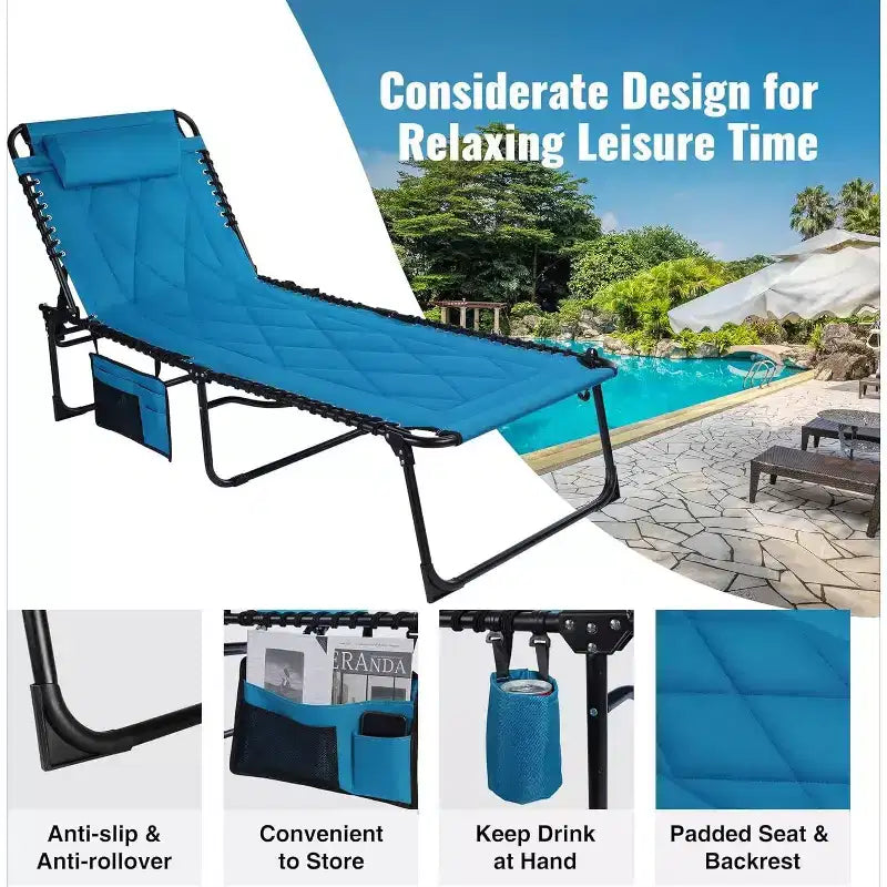 Summit Adventure Oversized Foldable Chaise Lounge with Cushion  Reclining Camping Cot for Indoor & Outdoor Use  Patio, Backyard, Beach