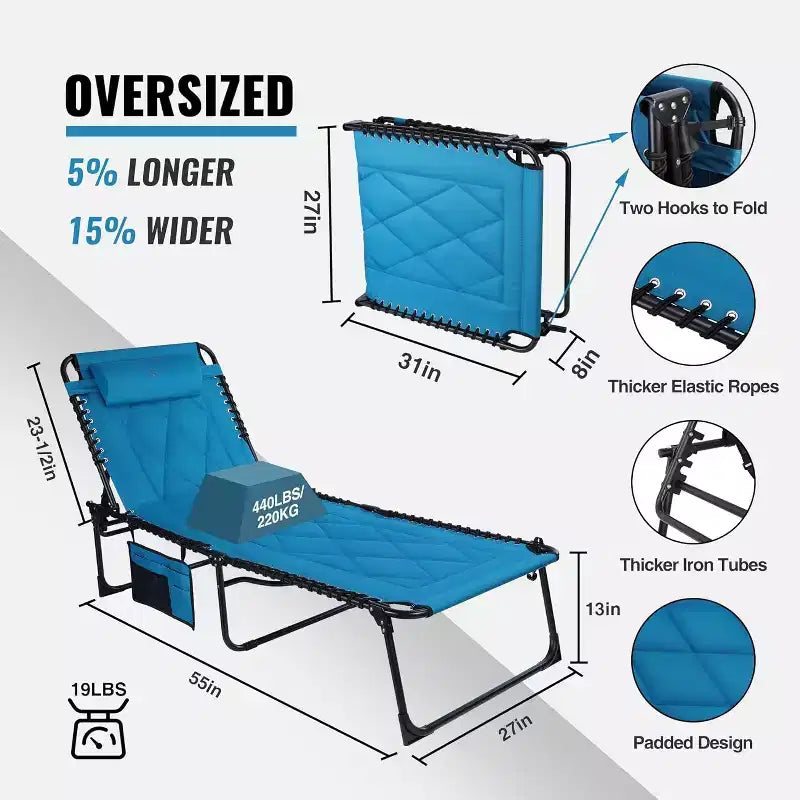 Summit Adventure Oversized Foldable Chaise Lounge with Cushion  Reclining Camping Cot for Indoor & Outdoor Use  Patio, Backyard, Beach