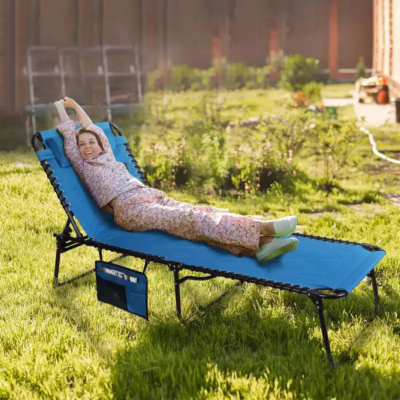 Summit Adventure Oversized Foldable Chaise Lounge with Cushion  Reclining Camping Cot for Indoor & Outdoor Use  Patio, Backyard, Beach