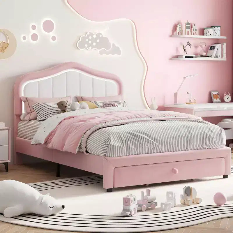 Telaio letto a piattaforma Twin XL imbottito con luci LED e cassetto contenitore - Testiera in velluto, supporto a doghe in legno, nessun box spring necessario, blu