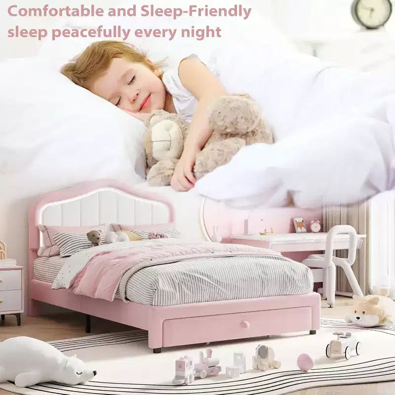 Telaio letto a piattaforma Twin XL imbottito con luci LED e cassetto contenitore - Testiera in velluto, supporto a doghe in legno, nessun box spring necessario, blu