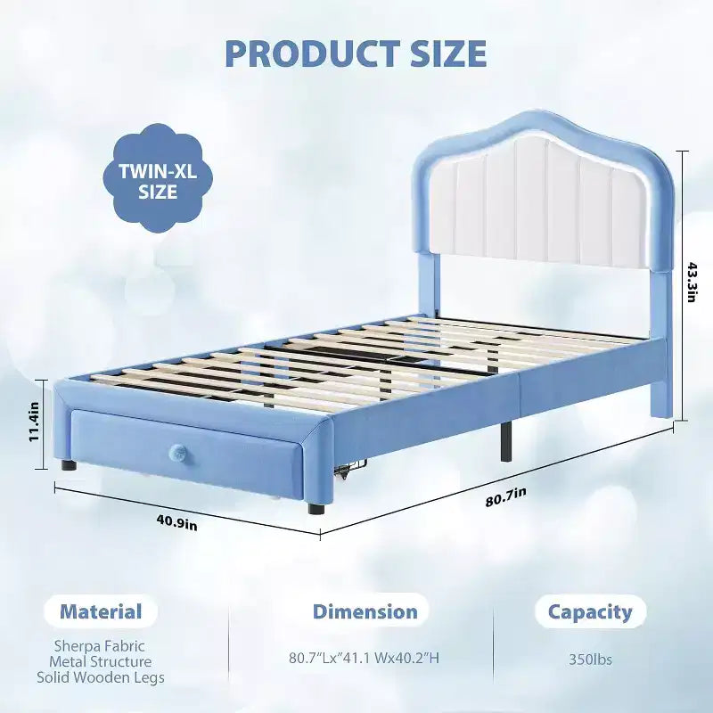 Telaio letto a piattaforma Twin XL imbottito con luci LED e cassetto contenitore - Testiera in velluto, supporto a doghe in legno, nessun box spring necessario, blu