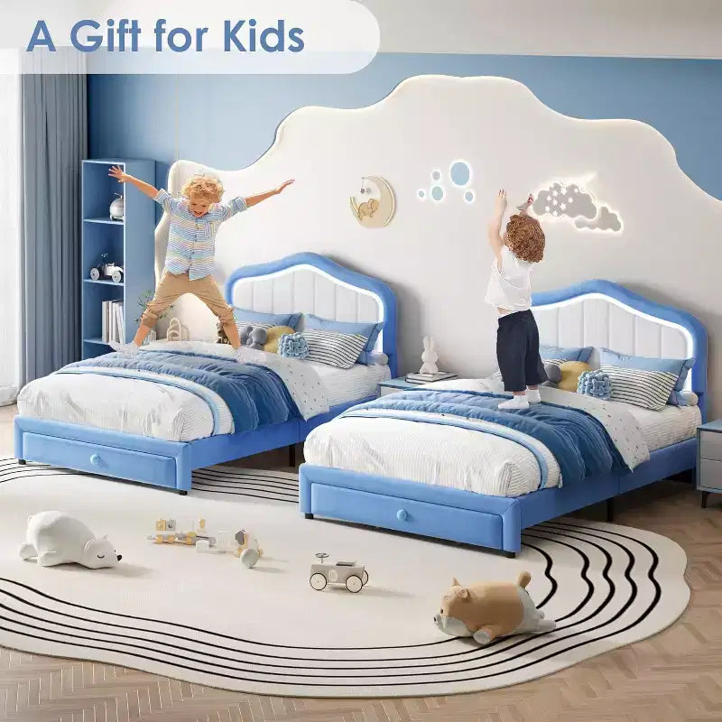 Telaio letto a piattaforma Twin XL imbottito con luci LED e cassetto contenitore - Testiera in velluto, supporto a doghe in legno, nessun box spring necessario, blu