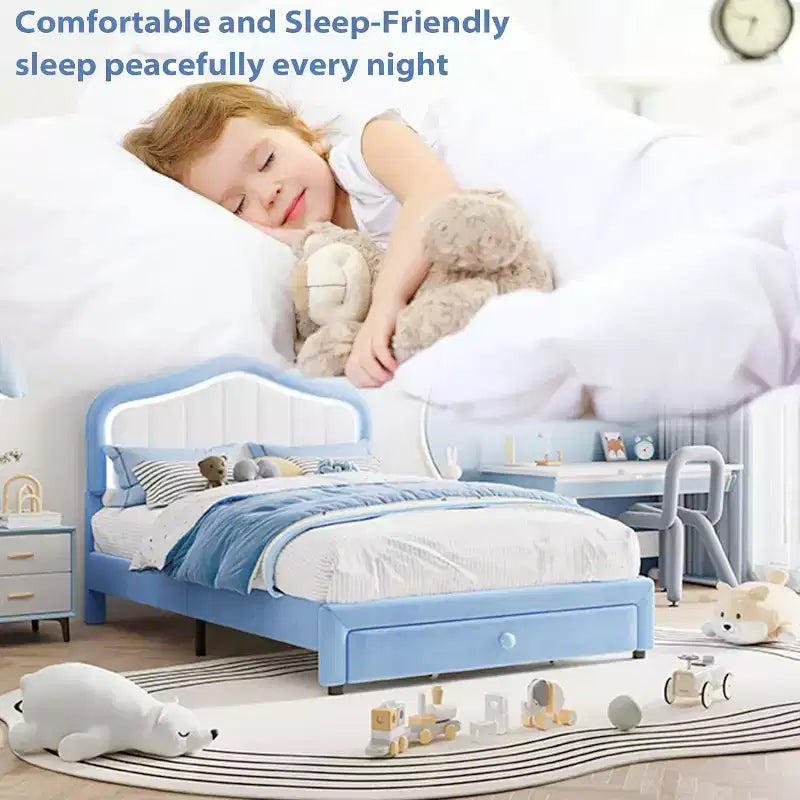 Telaio letto a piattaforma Twin XL imbottito con luci LED e cassetto contenitore - Testiera in velluto, supporto a doghe in legno, nessun box spring necessario, blu