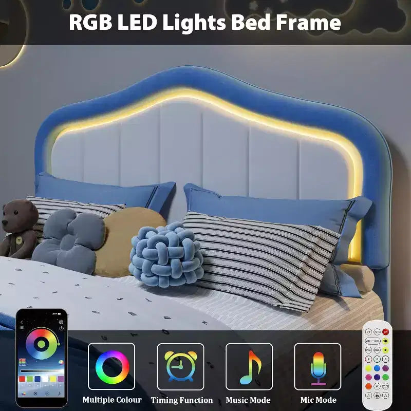 Telaio letto a piattaforma Twin XL imbottito con luci LED e cassetto contenitore - Testiera in velluto, supporto a doghe in legno, nessun box spring necessario, blu