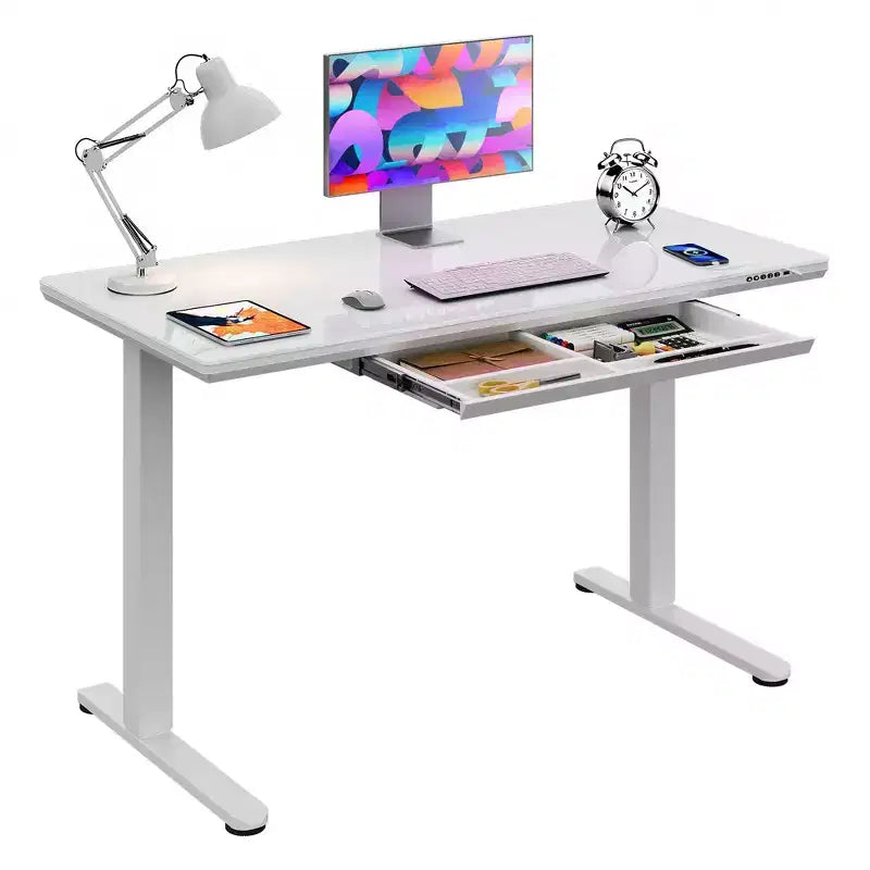 GALAXHERO 48 Standing Desk with Drawers, Whole-Piece Glass Adjustable Height Electric Desk, Stand Up Desk with Quick Installation, White