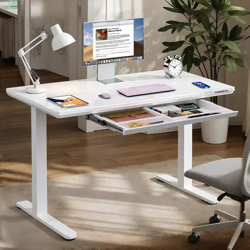 GALAXHERO Scrivania Regolabile in Altezza 48 con Cassetti, Scrivania Elettrica in Vetro Intero, Scrivania Stand Up con Installazione Rapida, Bianca