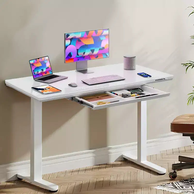 GALAXHERO Scrivania Regolabile in Altezza 48 con Cassetti, Scrivania Elettrica in Vetro Intero, Scrivania Stand Up con Installazione Rapida, Bianca
