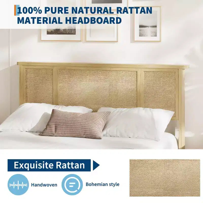 Struttura Letto con Testiera in Rattan Naturale, Robuste Doghe in Legno, Base in Metallo, Supporto Materasso in Rattan Bohemien, Nessuna Rete a Molle Necessaria, Elegante
