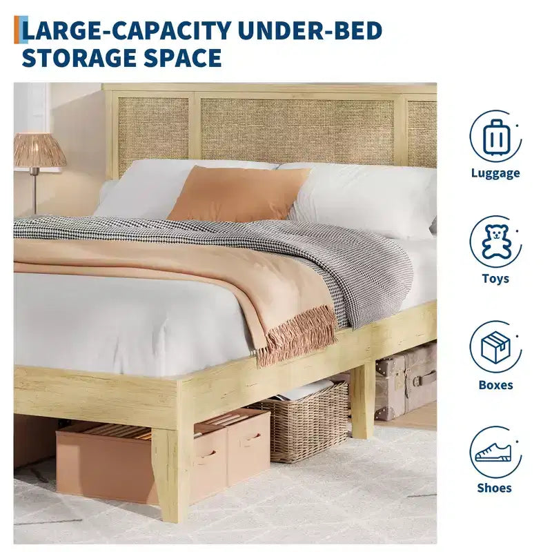 Struttura Letto con Testiera in Rattan Naturale, Robuste Doghe in Legno, Base in Metallo, Supporto Materasso in Rattan Bohemien, Nessuna Rete a Molle Necessaria, Elegante