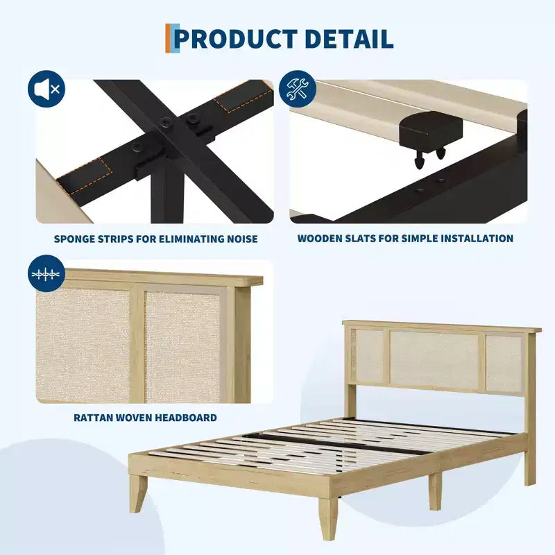 Struttura Letto con Testiera in Rattan Naturale, Robuste Doghe in Legno, Base in Metallo, Supporto Materasso in Rattan Bohemien, Nessuna Rete a Molle Necessaria, Elegante