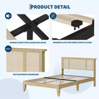 Struttura Letto con Testiera in Rattan Naturale, Robuste Doghe in Legno, Base in Metallo, Supporto Materasso in Rattan Bohemien, Nessuna Rete a Molle Necessaria, Elegante