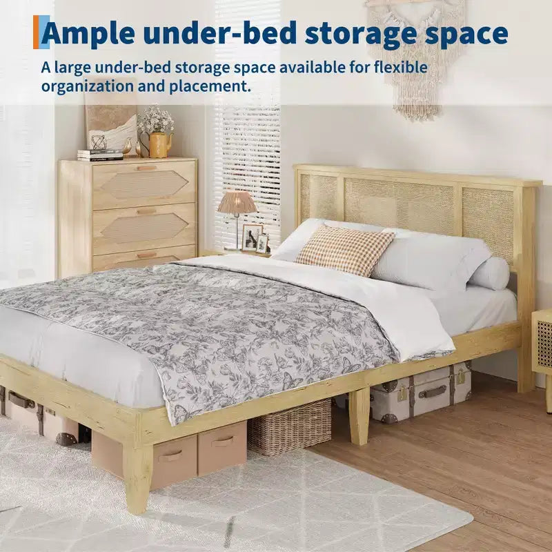 Struttura Letto con Testiera in Rattan Naturale, Robuste Doghe in Legno, Base in Metallo, Supporto Materasso in Rattan Bohemien, Nessuna Rete a Molle Necessaria, Elegante