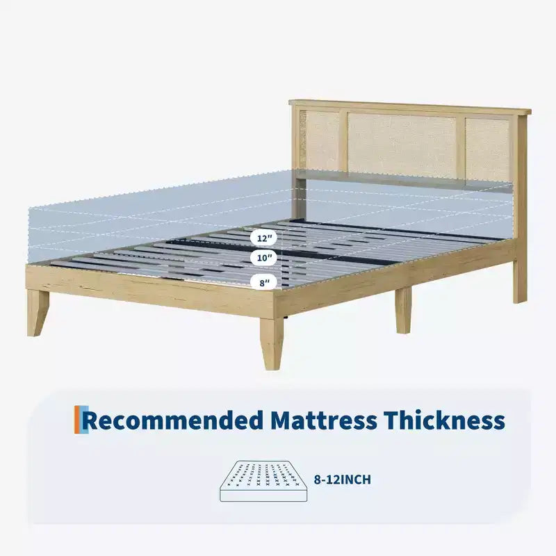Struttura Letto con Testiera in Rattan Naturale, Robuste Doghe in Legno, Base in Metallo, Supporto Materasso in Rattan Bohemien, Nessuna Rete a Molle Necessaria, Elegante