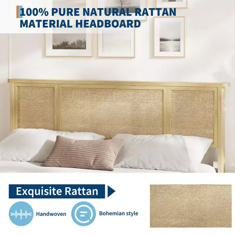 Struttura Letto con Testiera in Rattan Naturale, Robuste Doghe in Legno, Base in Metallo, Supporto Materasso in Rattan Bohemien, Nessuna Rete a Molle Necessaria, Elegante
