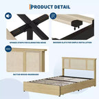Struttura Letto con Testiera in Rattan Naturale, Robuste Doghe in Legno, Base in Metallo, Supporto Materasso in Rattan Bohemien, Nessuna Rete a Molle Necessaria, Elegante