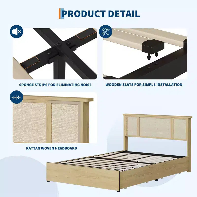Struttura Letto con Testiera in Rattan Naturale, Robuste Doghe in Legno, Base in Metallo, Supporto Materasso in Rattan Bohemien, Nessuna Rete a Molle Necessaria, Elegante
