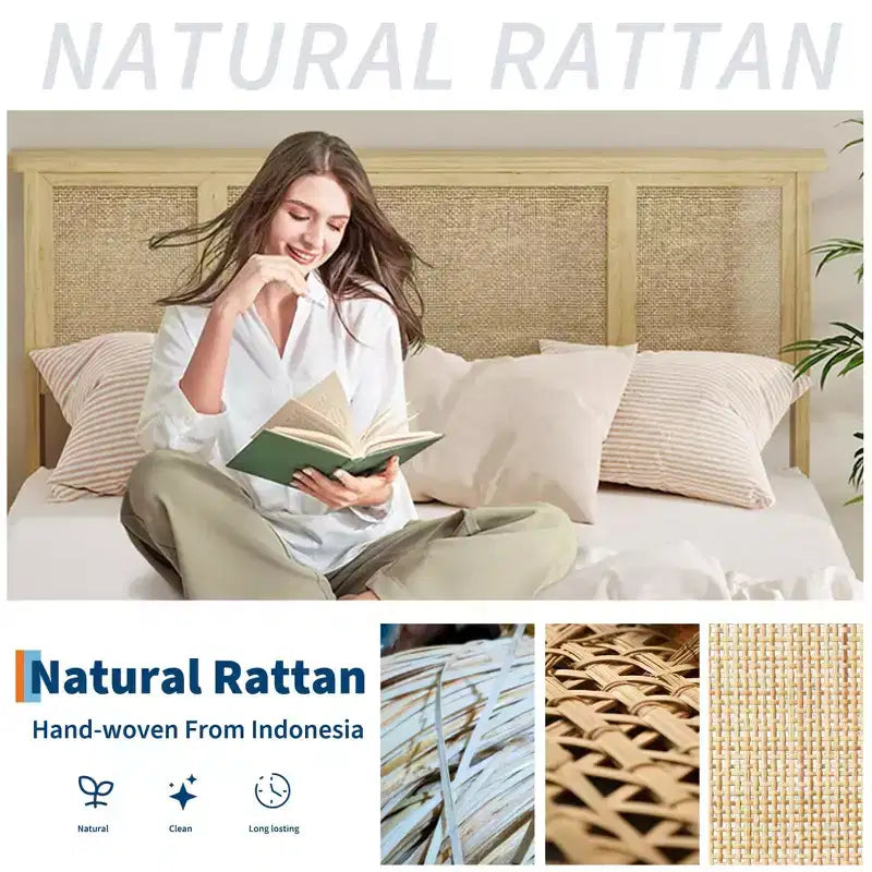 Struttura Letto con Testiera in Rattan Naturale, Robuste Doghe in Legno, Base in Metallo, Supporto Materasso in Rattan Bohemien, Nessuna Rete a Molle Necessaria, Elegante