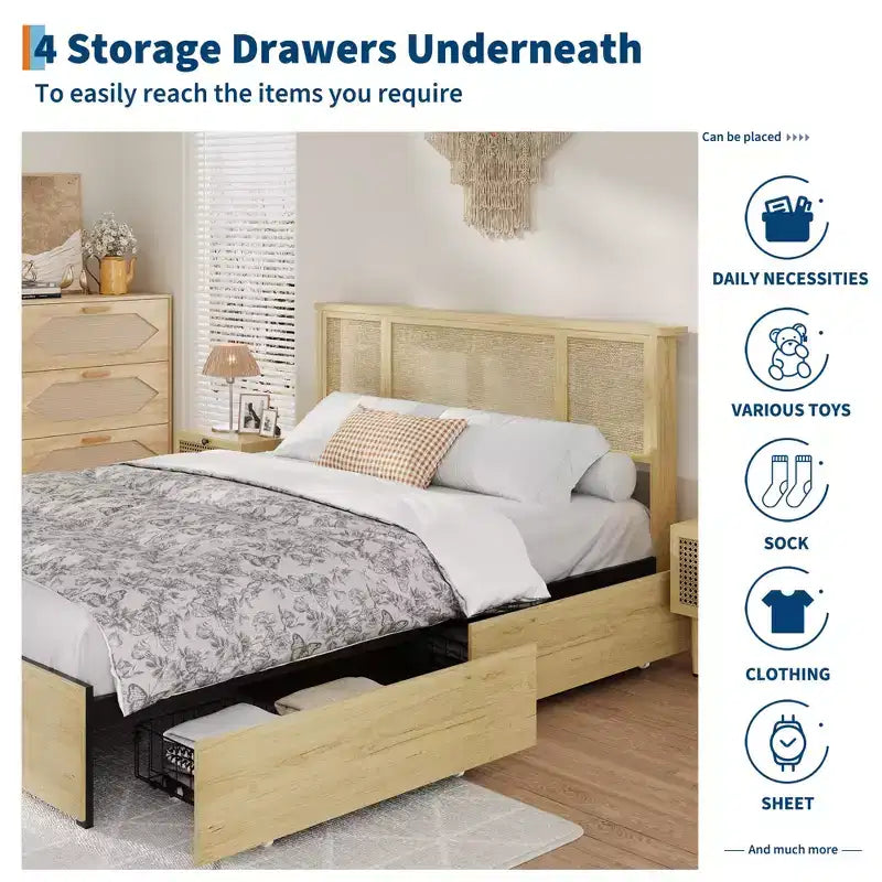 Struttura Letto con Testiera in Rattan Naturale, Robuste Doghe in Legno, Base in Metallo, Supporto Materasso in Rattan Bohemien, Nessuna Rete a Molle Necessaria, Elegante
