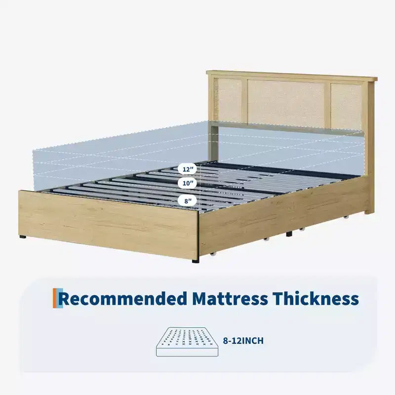 Struttura Letto con Testiera in Rattan Naturale, Robuste Doghe in Legno, Base in Metallo, Supporto Materasso in Rattan Bohemien, Nessuna Rete a Molle Necessaria, Elegante