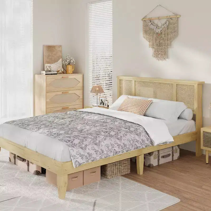 Bed Frame with Natural Rattan Headboard, Sturdy Wooden Slats, Metal Platform, Boho Cane Mattress Support, No Box Spring Needed, Stylish
