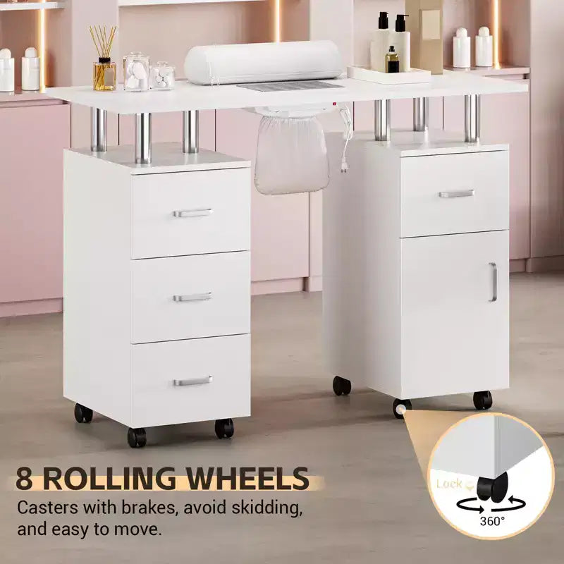 Nail Table Manicure Desk - Tech Station with Electric Dust Collector, Lockable Wheels, 4 Drawers & Cabinet for Beauty Salon