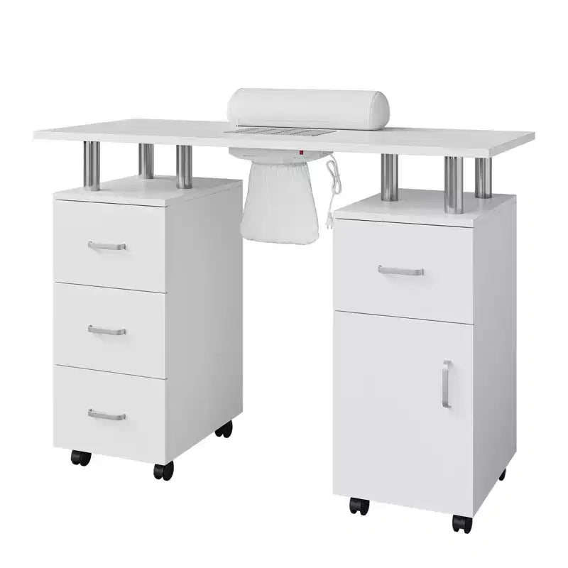 Nail Table Manicure Desk - Tech Station with Electric Dust Collector, Lockable Wheels, 4 Drawers & Cabinet for Beauty Salon