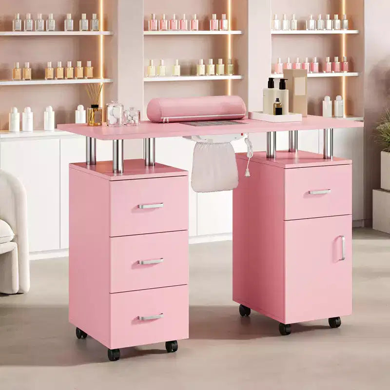 Nail Table Manicure Desk - Tech Station with Electric Dust Collector, Lockable Wheels, 4 Drawers & Cabinet for Beauty Salon