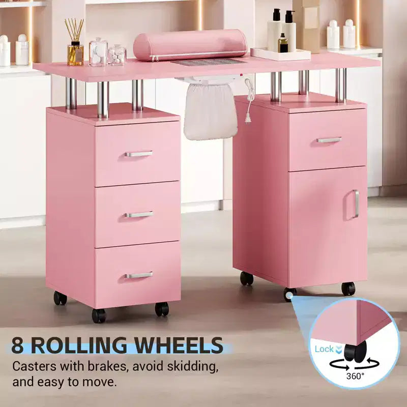 Nail Table Manicure Desk - Tech Station with Electric Dust Collector, Lockable Wheels, 4 Drawers & Cabinet for Beauty Salon
