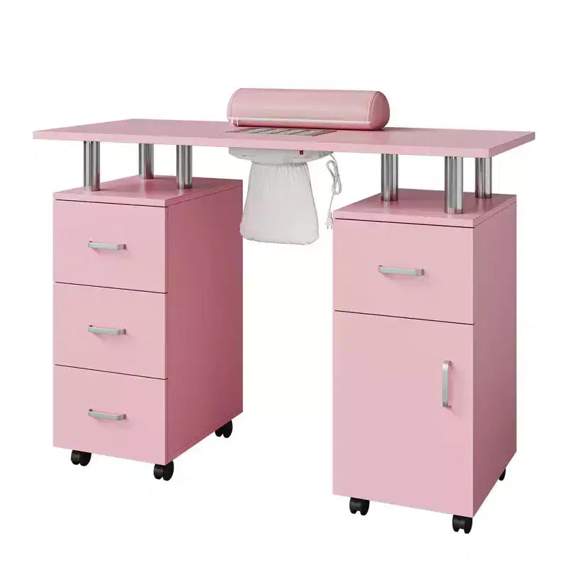 Nail Table Manicure Desk - Tech Station with Electric Dust Collector, Lockable Wheels, 4 Drawers & Cabinet for Beauty Salon