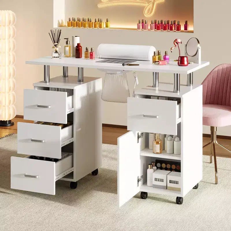 Tavolo per unghie scrivania per manicure - Postazione tecnica con aspiratore elettrico, ruote bloccabili, 4 cassetti e armadietto per salone di bellezza