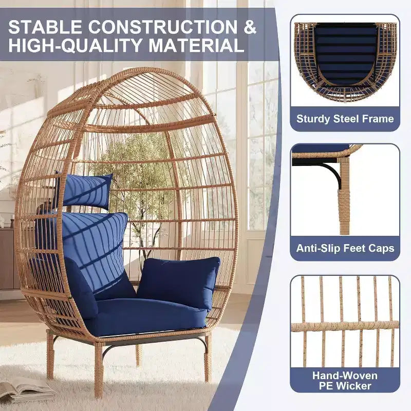 GustoWave Wicker Egg Chair,Oversized Indoor Outdoor Lounger for Patio for Backyard, Living Room, w/5 Cushions, Steel Frame