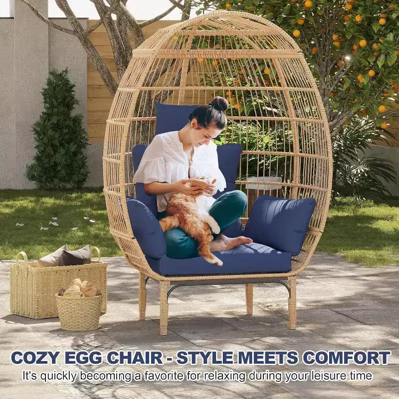 GustoWave Wicker Egg Chair,Oversized Indoor Outdoor Lounger for Patio for Backyard, Living Room, w/5 Cushions, Steel Frame