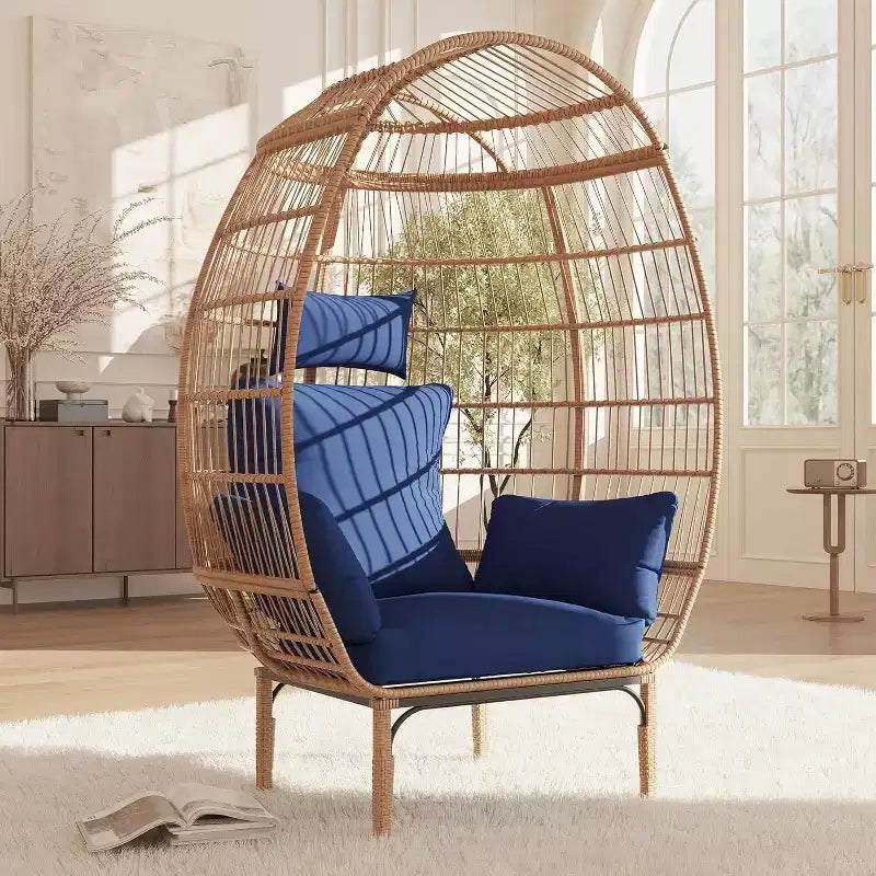 GustoWave Wicker Egg Chair,Oversized Indoor Outdoor Lounger for Patio for Backyard, Living Room, w/5 Cushions, Steel Frame