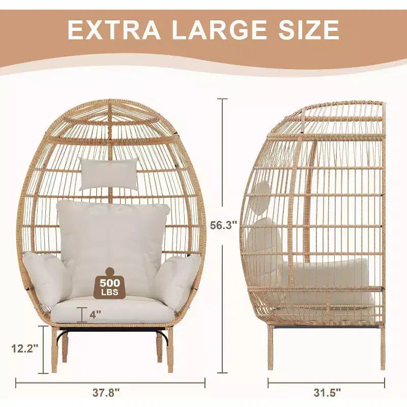 GustoWave Wicker Egg Chair,Oversized Indoor Outdoor Lounger for Patio for Backyard, Living Room, w/5 Cushions, Steel Frame