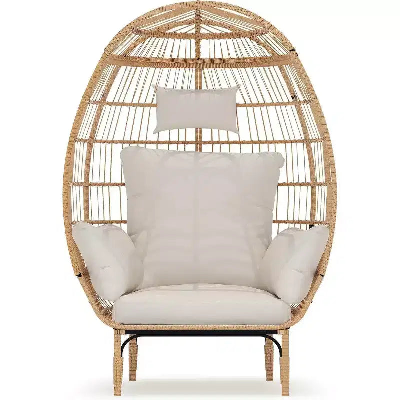 GustoWave Poltrona a uovo in vimini, chaise longue oversize da interno ed esterno per patio, giardino, soggiorno, con 5 cuscini, telaio in acciaio