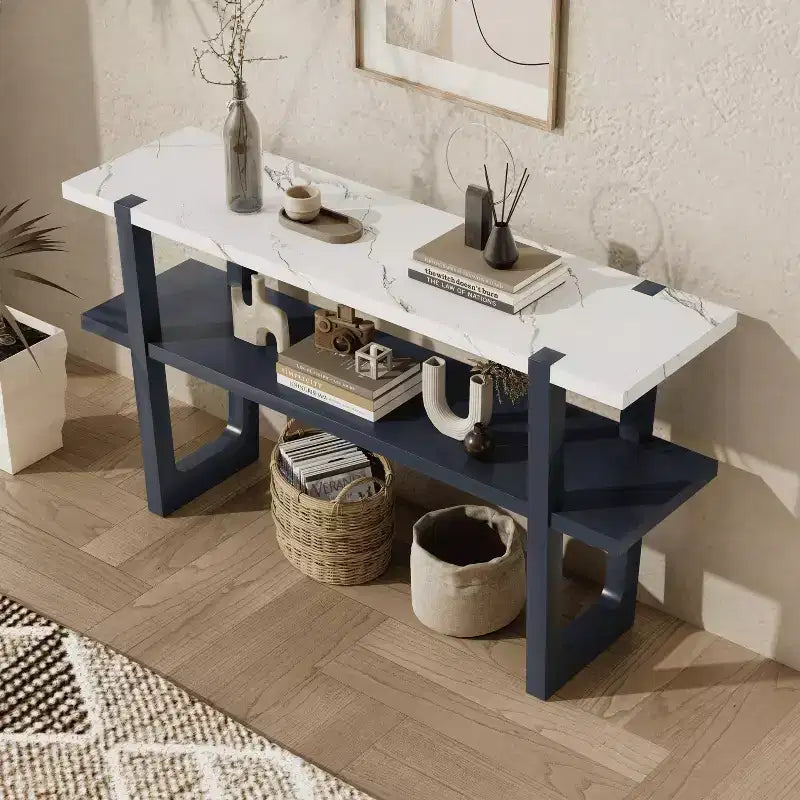 MAYEERTY Tavolo Consolle con Piano Effetto Marmo Scaffale Aperto per Ingresso Soggiorno Blu Navy