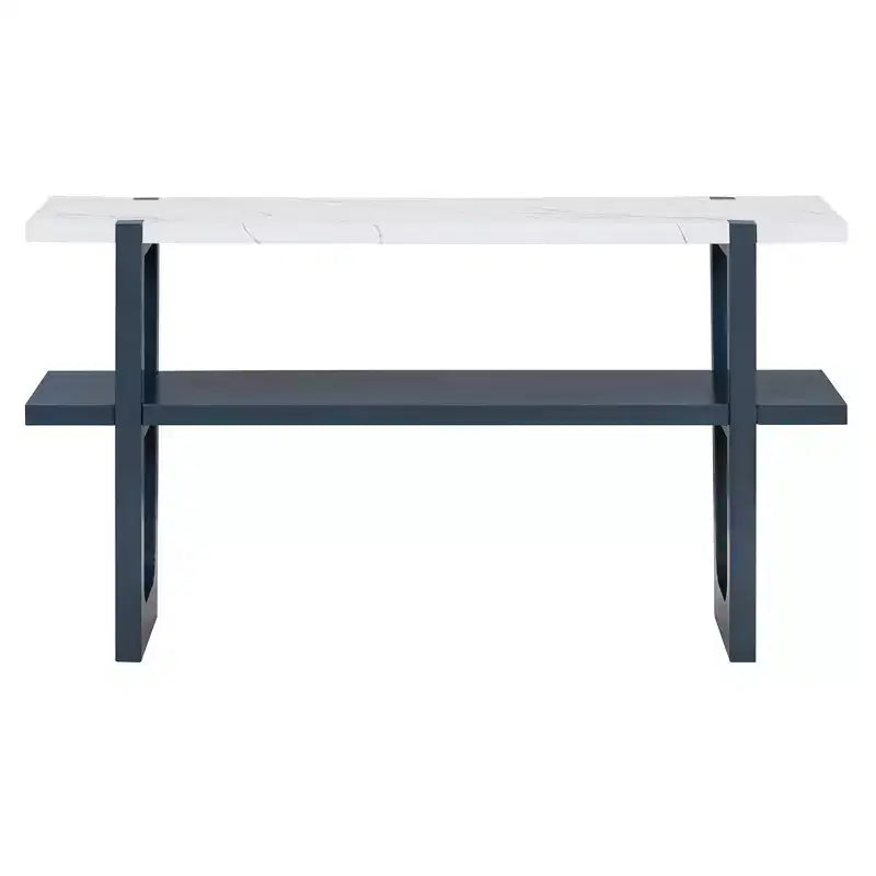 MAYEERTY Tavolo Consolle con Piano Effetto Marmo Scaffale Aperto per Ingresso Soggiorno Blu Navy