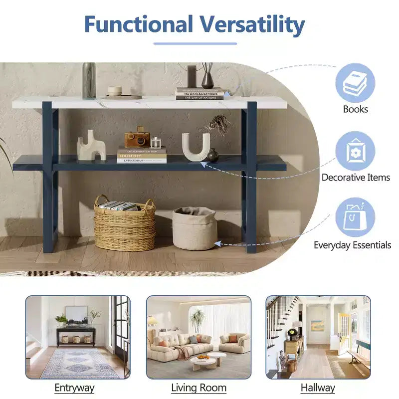 MAYEERTY Tavolo Consolle con Piano Effetto Marmo Scaffale Aperto per Ingresso Soggiorno Blu Navy