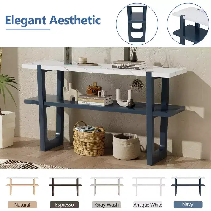 MAYEERTY Tavolo Consolle con Piano Effetto Marmo Scaffale Aperto per Ingresso Soggiorno Blu Navy