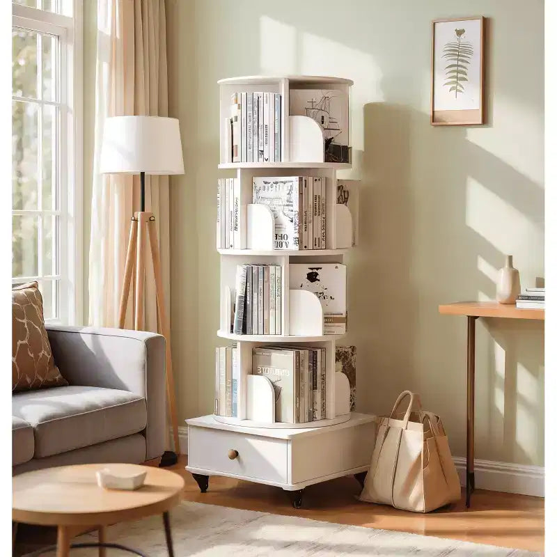 MAYEERTY 360 Display Scaffale ad angolo a 5 ripiani con cassetto per piccoli spazi, Libreria a pavimento, Mobiletto contenitore per soggiorno, Noce