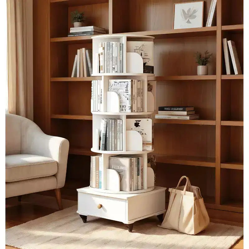 MAYEERTY 360 Display Scaffale ad angolo a 5 ripiani con cassetto per piccoli spazi, Libreria a pavimento, Mobiletto contenitore per soggiorno, Noce