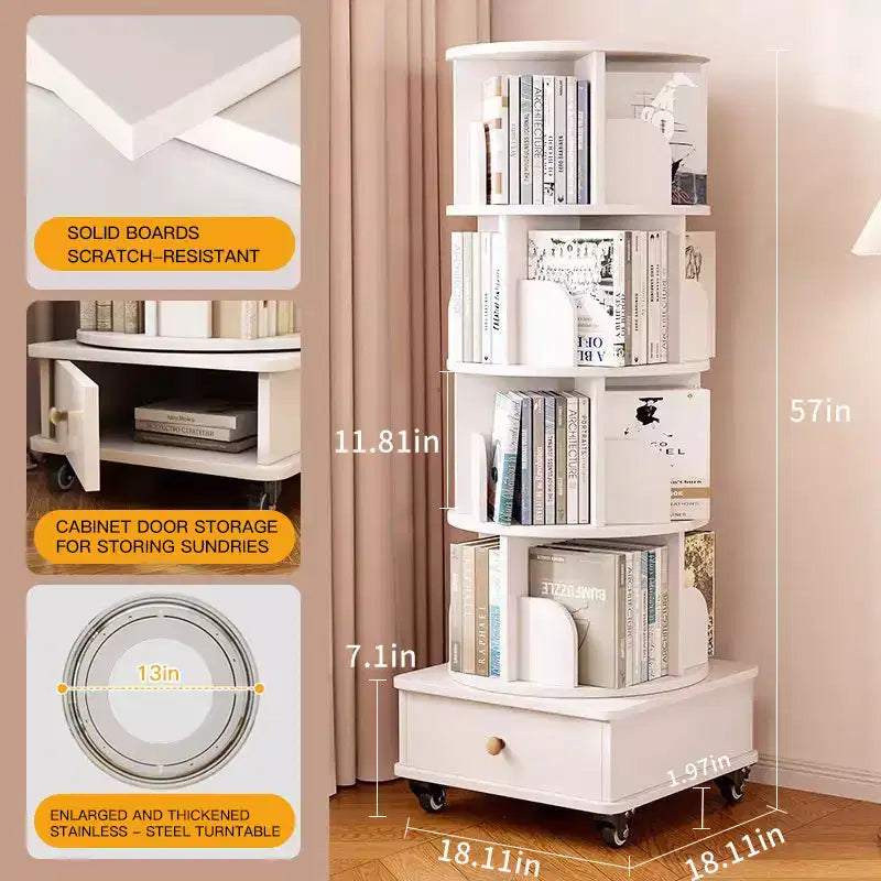 MAYEERTY 360 Display Scaffale ad angolo a 5 ripiani con cassetto per piccoli spazi, Libreria a pavimento, Mobiletto contenitore per soggiorno, Noce