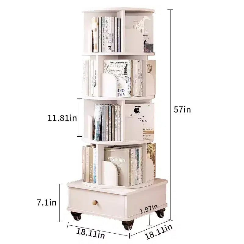 MAYEERTY 360 Display Scaffale ad angolo a 5 ripiani con cassetto per piccoli spazi, Libreria a pavimento, Mobiletto contenitore per soggiorno, Noce