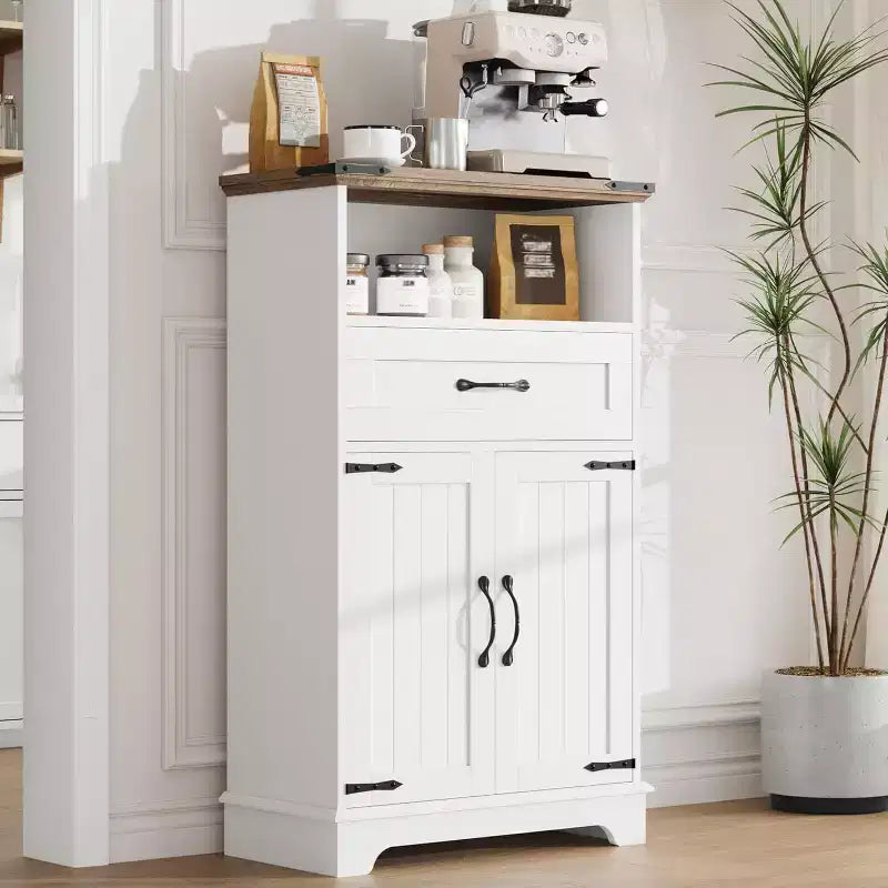 Mobiletto contenitore bianco stile rustico con ante e cassetti, armadietto da bagno indipendente per cucina/lavanderia/soggiorno/camera da letto