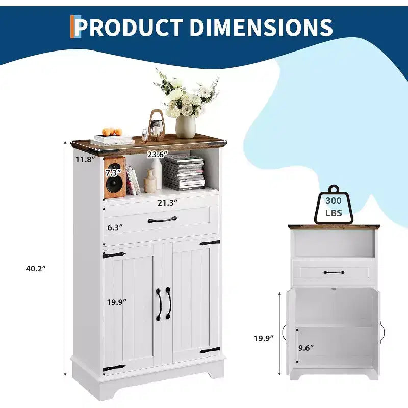 Farmhouse White Storage Cabinet with Doors and Drawers, Freestanding Bathroom Cabinet for Kitchen/Laundry/Living Room/Bedroom