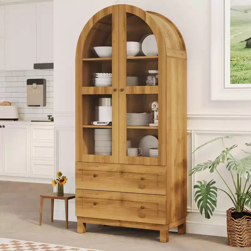 71 Tall Arched Bookshelf, Modern Bookcase with 2 Drawers, Glass Door and Adjustable Shelf, Wooden Display Cabinet, Versatile Bookshelf Kitchen