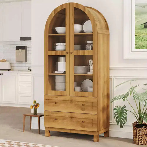 Libreria Alta ad Arco da 71", Moderna Libreria con 2 Cassetti, Anta in Vetro e Ripiano Regolabile, Vetrina in Legno, Versatile Libreria da Cucina